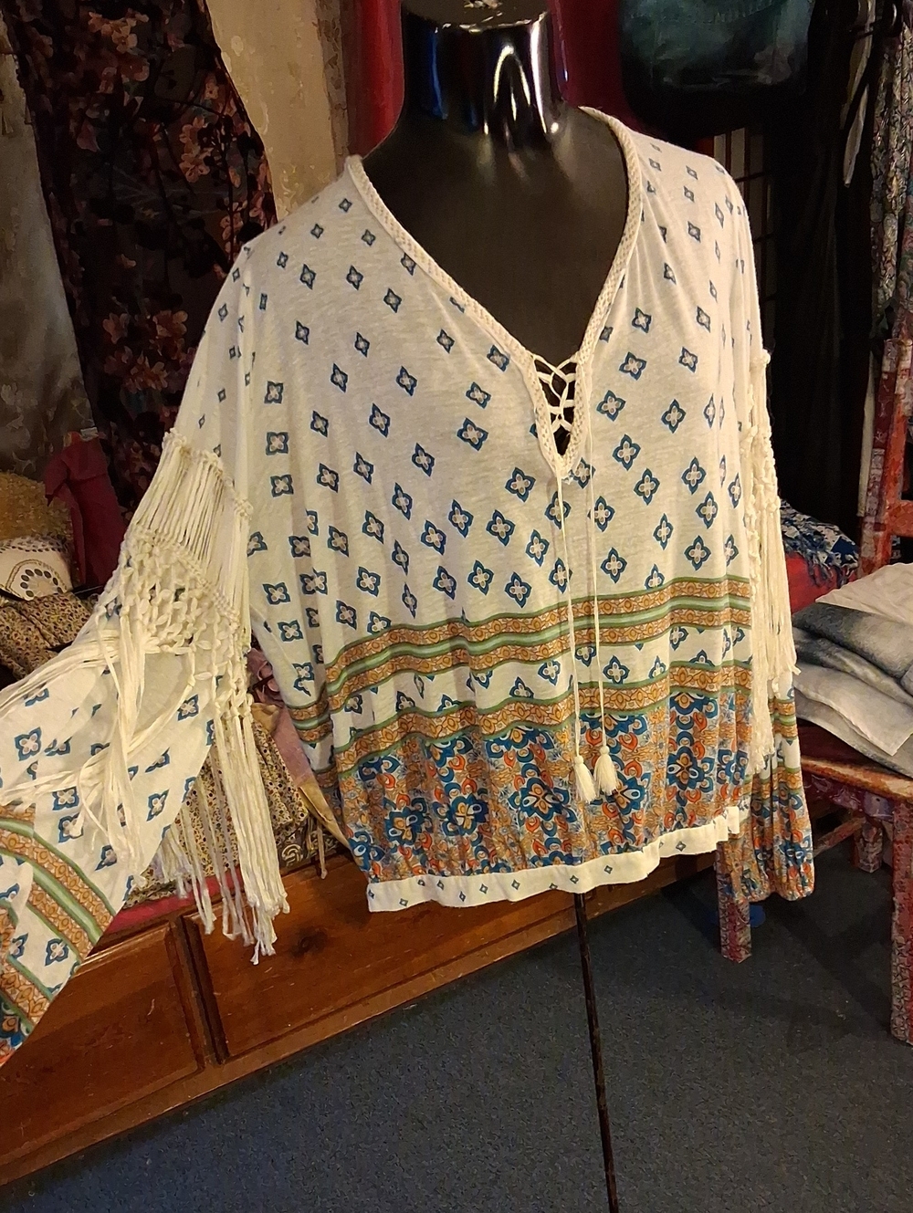 Free People Ivory Boho Fringe Tunic with Blue & Orange Border Print